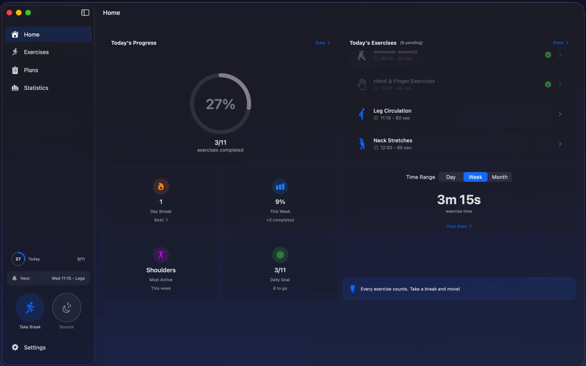 OfficeFit app showing guided desk exercises with smart reminders and progress tracking