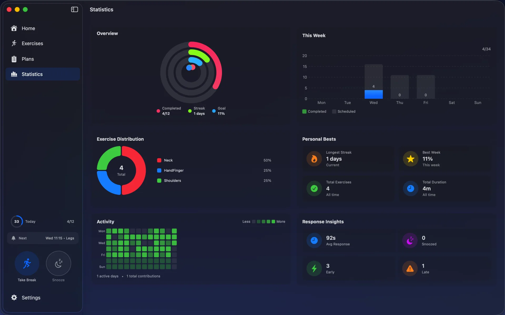 OfficeFit progress tracking dashboard with statistics and activity heatmap
